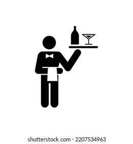 Restaurant Waiter Holding Platter And Napkin Vector Icon.