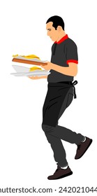 Restaurant waiter holding tray with order food for guest vector illustration. Servant taking order. Worker in pub serve burgers and french fries for client. Barman welcomes guest gastronomy cuisine