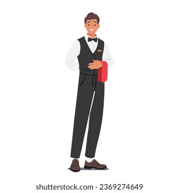 Restaurante Waiter Carácter Masculino. Una Persona Hospitalaria Y Atenta Que Ofrece Un Servicio Excepcional A Los Clientes, Se Encarga De Recibir Pedidos, Sirve Comida Y Bebidas. Ilustración de vectores de personas de caricatura