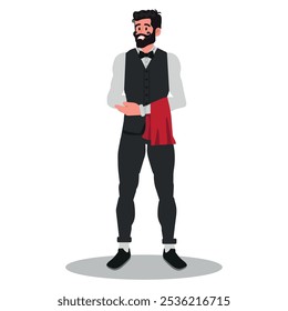 Restaurant Waiter Male Character. Hospitable And Attentive Individual Who Provides Exceptional Service To Customers, Take Orders, Serve Food And Beverages. Cartoon People Vector Illustration