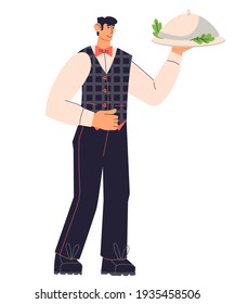 Restaurant waiter man cartoon character holding a tray with food under lid. Cafe or restaurant staff, serving personnel, flat vector illustration isolated on white background.