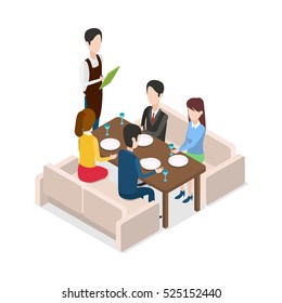 In Restaurant waiter with notebook taking order. Table for four people. Two male and two female customers are sitting at brown table. Two light sofas. Four plates and glasses are on table. Vector