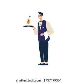 Restaurant waiter in uniform brings a cocktail. Cartoon flat vector illustration isolated on white background.
