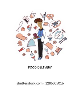 Restaurant Waiter Vector. Classic Waiter Takes The Order. Isolated Flat Cartoon Character Illustration