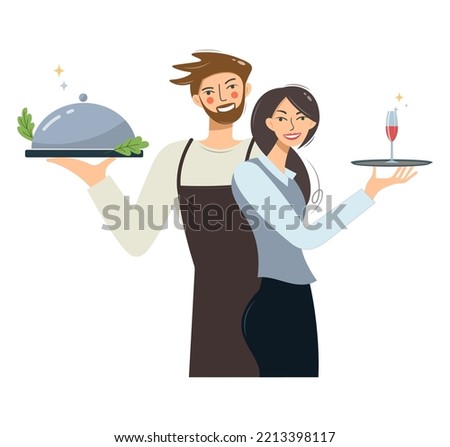 Restaurant waiter and waitress. Flat design vector illustration. Working professions, woman and man, cooks and waiters. Chef, cook and restaurant professional worker in uniform with aprons with trays.