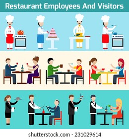 Restaurant waiters employees and visitors flat banner set isolated vector illustration