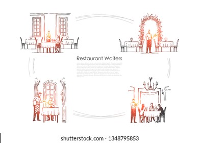 Gaststätten Kellner - Kellner in Restaurants bekommen Bestellungen und bringen Lebensmittel Vektor-Konzept-Set. Handgezeichnete Skizze, einzelne Illustration