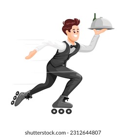 Restaurant Waiters Wear Formal Clothes Carrying Trays of Food and Roller Skates Character Cartoon Vector