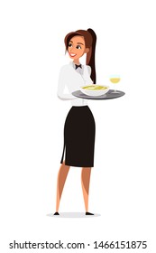 Restaurant Waitress Flat Vector Character. Cafe, Worker Holding Tray With Wine Glass And Soup Isolated Clipart. Attractive Cafeteria Employee Wearing Professional Uniform Female Cartoon Character