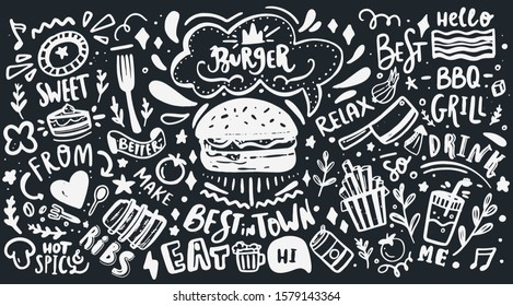 Restaurant Wall typography. Vector Food BBQ background, motivational cafe menu with lettering on chalkboard