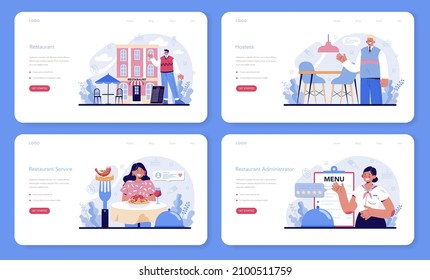 Restaurant web banner or landing page set. Caffe employees and administration. People having lunch in restaurant. Hostess helps visitors. Flat vector illustration.