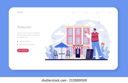 Restaurant web banner or landing page. Caffe employees and administration. People having lunch in restaurant. Hostess helps visitors. Flat vector illustration.