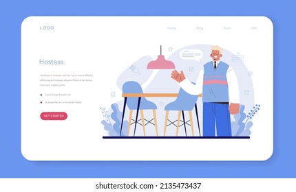 Restaurant web banner or landing page. Caffe employees and administration. People having lunch in restaurant. Hostess helps visitors. Flat vector illustration.