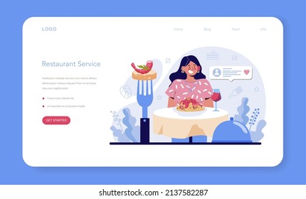 Restaurant web banner or landing page. Caffe employees and administration. People having lunch in restaurant. Hostess helps visitors. Flat vector illustration.