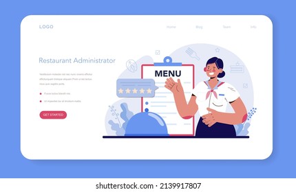 Restaurant web banner or landing page. Caffe employees and administration. People having lunch in restaurant. Hostess helps visitors. Flat vector illustration.