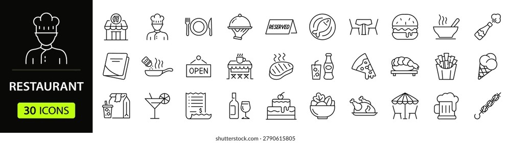 Restaurant Web Icon Set in Linear Style. Collection of cafe line icons, including menu, cafe, bistro, table, delivery, bar, cooking, fast food, chef, drink, reserved and more. Editable stroke