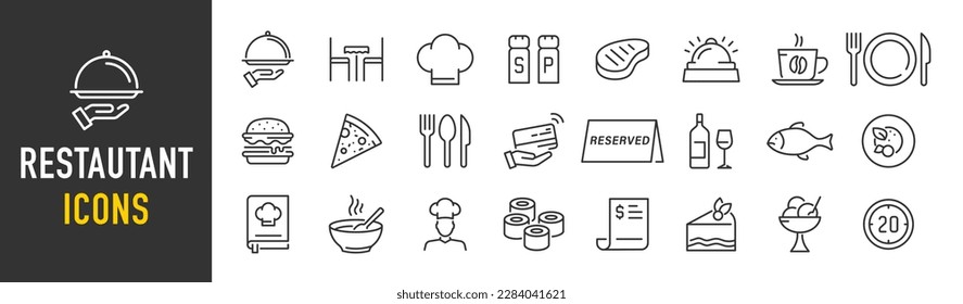 Restaurant web icons in line style. Food, meal, fish, delivery, cooking, fast food, collection. Vector illustration.