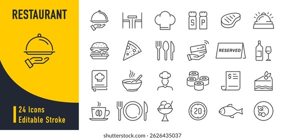 Restaurant web icons in line style. Food, meal, fish, delivery, cooking, fast food, collection. Vector illustration.	