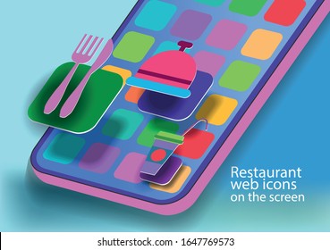 Restaurant web icons on mobile phone screen. Vector banner