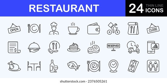 Restaurant web icons set. Food and drinks - simple thin line icons collection. Containing meal, restaurant, dishes, fruits and more. Simple web icons set