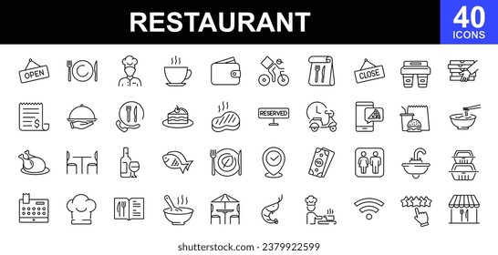 Restaurant web icons set. Food and drinks - simple thin line icons collection. Containing meal, restaurant, dishes, fruits and more. Simple web icons set