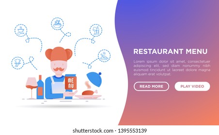 Restaurant web page template, chef with menu. Thin line icons: chef dish, BBQ, soup, beef, steak, beverage, salad. Modern vector illustration.