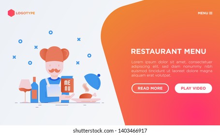 Restaurant web page template, chef with mustache is holding menu. Gradient flat icons: chef dish, beverage, wine. Modern vector illustration.