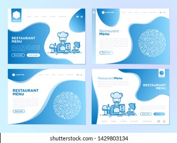 Restaurant web page template, chef with menu. Thin line icons: starters, chef dish, BBQ, soup, beef, steak, beverage, fish, salad, pizza, wine, seafood, burger. Modern vector illustration.