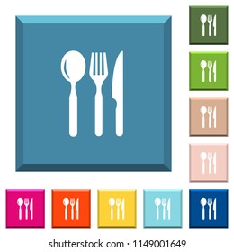 Restaurant white icons on edged square buttons in various trendy colors