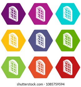 Restaurant window frame icons 9 set coloful isolated on white for web