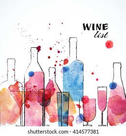 Restaurant or wine bar menu template. Sketch Watercolor design. Vector illustration.