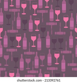 Restaurant Wine Bar Seamless Pattern With Glass Bottle And Corkscrew Vector Illustration
