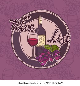 Restaurant wine list sketch menu template with bottle glass and grape branch vector illustration.