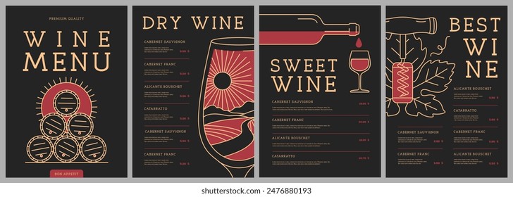 Restaurant wine menu design with bottle, glass, corkscrew and cork. Line art modern vector illustration