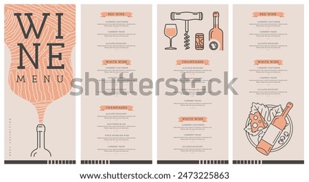 Restaurant wine menu design with bottle, glass, corkscrew and cork. Line art modern vector illustration