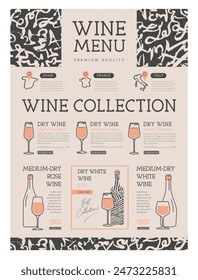 Restaurant Weinkarte Design mit Flaschen, Gläsern und Wein abstrakte Textur. Line Art moderne Vektorillustration