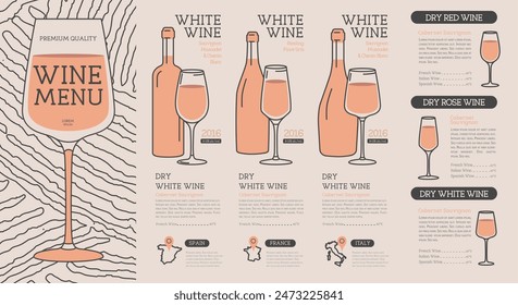 Restaurant wine menu design with bottles, glasses and wine abstract texture. Line art modern vector illustration