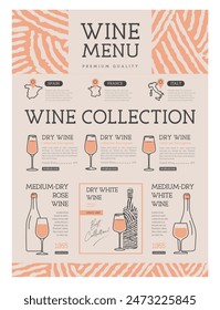Restaurant wine menu design with bottles, glasses and wine abstract texture. Line art modern vector illustration