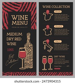 Restaurant wine menu design with bottles, glasses and wine abstract texture. Line art modern vector illustration