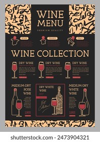 Restaurant wine menu design with bottles, glasses and wine abstract texture. Line art modern vector illustration