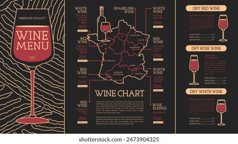 Restaurant wine menu design with bottles, glasses and wine abstract texture. Line art modern vector illustration