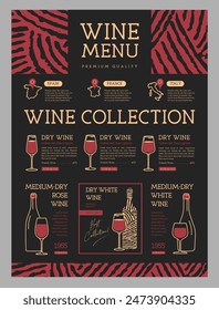 Restaurant wine menu design with bottles, glasses and wine abstract texture. Line art modern vector illustration