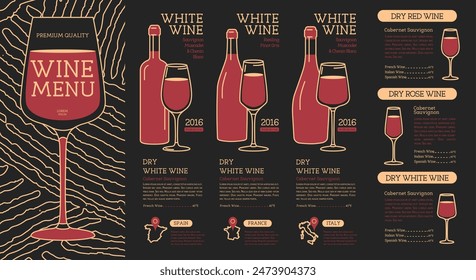 Restaurant wine menu design with bottles, glasses and wine abstract texture. Line art modern vector illustration