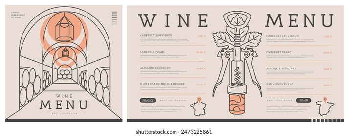 Restaurant wine menu design with wine cellar. Line art modern vector illustration