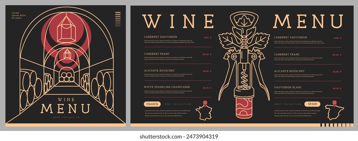 Diseño de la carta de vinos del restaurante con bodega. Arte de línea de Ilustración vectorial moderna