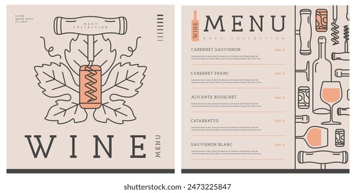 Diseño de la carta de vinos con sacacorchos. Arte de línea de Ilustración vectorial moderna