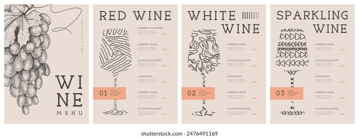 Diseño de la carta de vinos del restaurante con copas de vino y uvas.  Ilustración vectorial