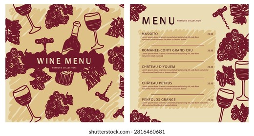 Restaurant wine menu design with hand drawn illustrations of wine glasses, bottles, grapes. Line art modern vector template