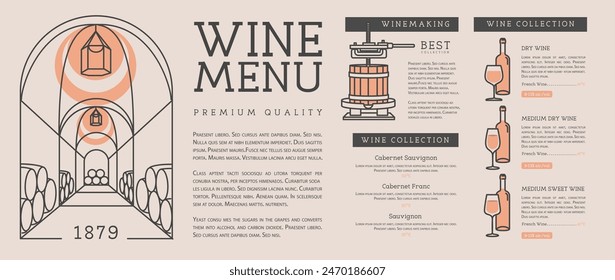 Restaurant wine menu design. Line art modern vector illustration