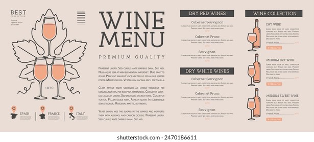 Restaurant wine menu design. Line art modern vector illustration